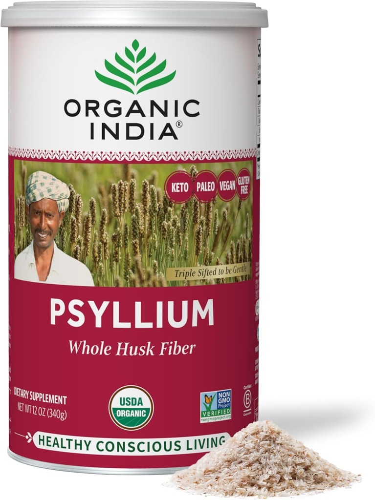 Organic INDIA Whole Pyllium Husk Powder Organic - Pyllium Husk Fiber Addition, Digestion Support, Vegan, Free Gluten- Free, Non- GMO, Soluble & Netirpios Pluošto Šaltinis - 12 oz (Pack of 1)