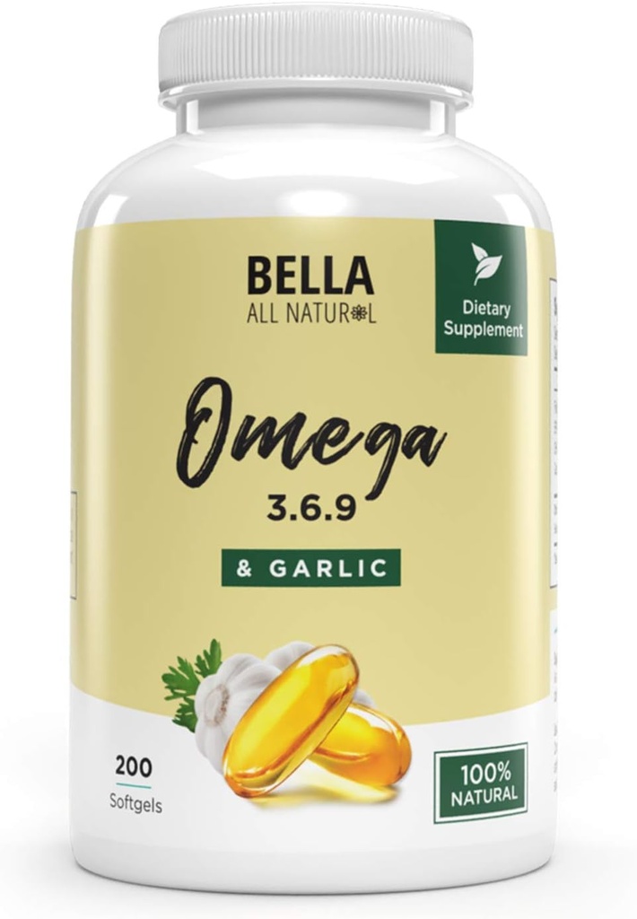 Bella All Natural Omega 3 6 9 su česnakų aliejumi - 200 Softgels