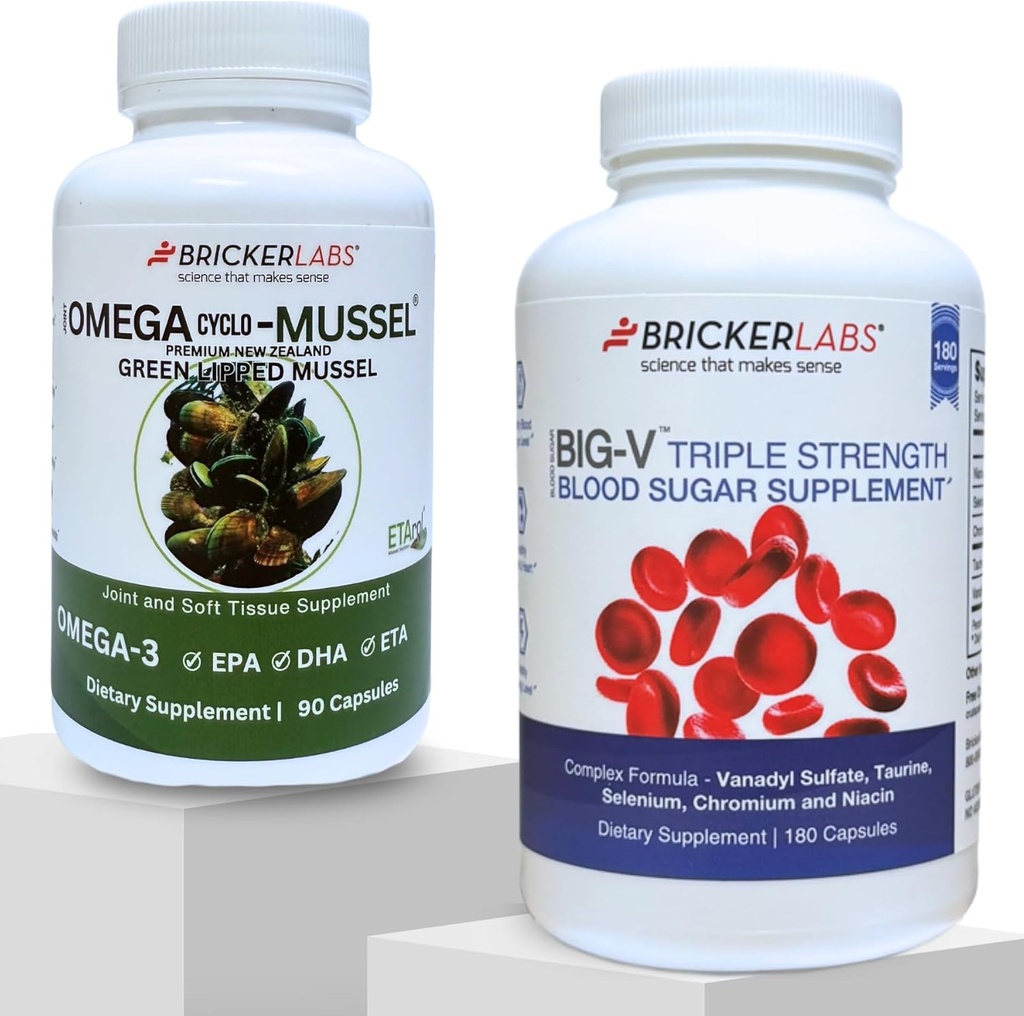 Bricker Labs Joint Comfort and Sugar Balance ® 124; Omega Cyclo Mussel for Joint Health + Big- V Triple stiprumo Vanadil for Blood Sugar Support