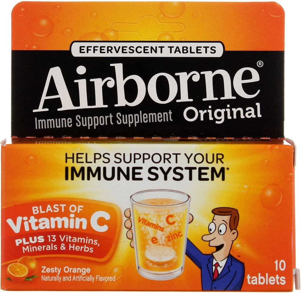 Airborne - Šnypščiosios tabletės su vitaminu C - Zesty Orange - 10 tablečių - 4 pakuotės