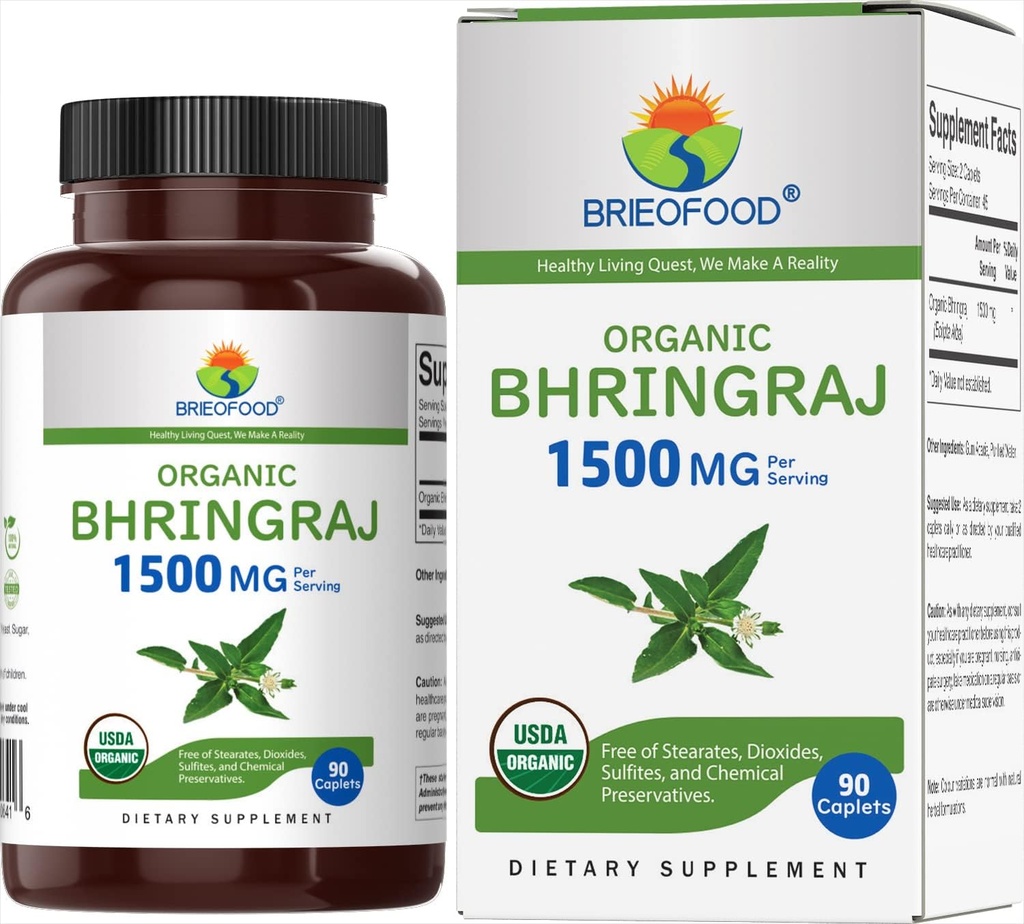 Brieofood Organic Bhringraj 1500mg, 45 Paslaugos, Vegetarian, Gluten Free, 90 Vegetarian Tablets