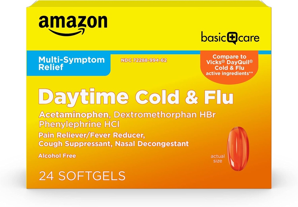 "Amazon" pagrindinė priežiūra Dienos Šalta ir Flu Relief Softgels, Non- Drowsy Šalta Medicina, Skausmo palengvėjimas, Karščiavimas, Kosulys, Stora Gerklė, Nosies Spūstymas, 24 Skaičiavimas
