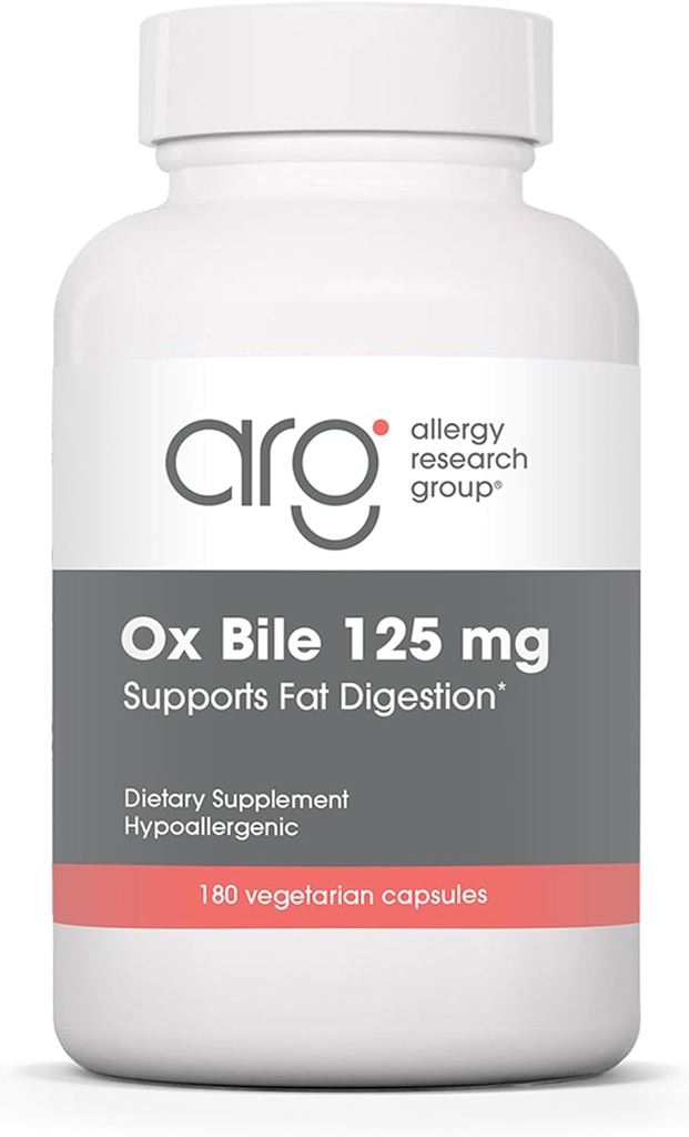 Allergy Research Group Ox Bile 125 mg - Ox Bile Supplements for Gallbladder, Digestive Enzymes for Liver, Fat Digestion Support, for Men and Women, Hypoallergenic Formula - 180 Vegicaps