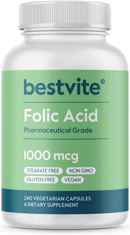BESTVITE Folio rūgštis 1000mcg (Vitaminas B9) (240 Vegetariškų kapsulių) - Nėra dikalcio fosfato - Nėra Stearates - Silicio dioksidas - Ne GMO - Gluten Be