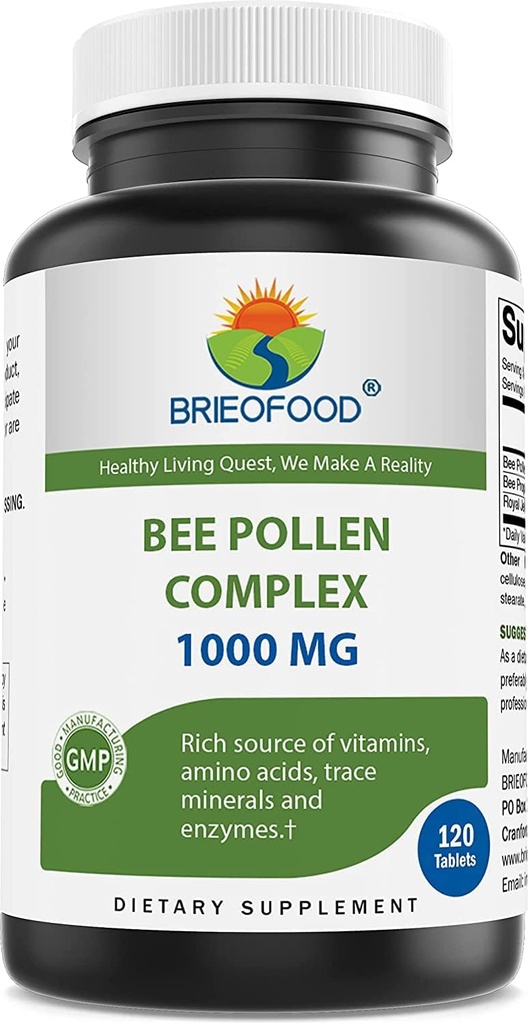 Brieofood Bee Pollen Complex 1000 mg 120 tablečių - Pagaminta su Bee Pollen, Bee Propolis, & Royal Želė milteliai