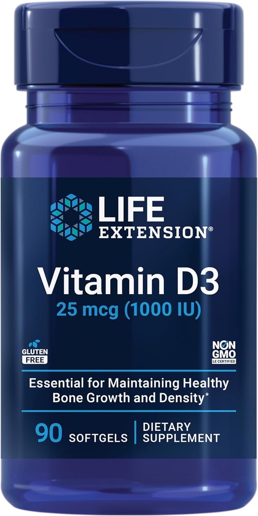 Life Extension Vitamin D3 25 mcg (1000 IU), Immune System Support, Bone Health, Whole-Body Health, Value Size, Gluten-Free, Non-GMO, 90 softgels