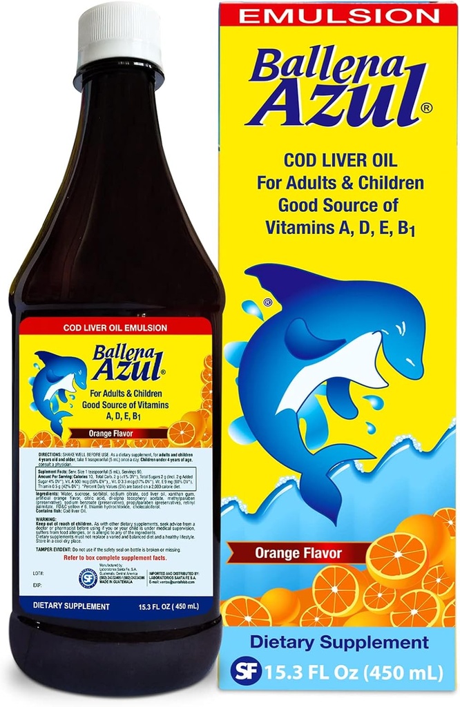 Ballena Azul Aceite de Hígado de Bacalao para Adultos y Niños, COD kepenų aliejus suaugusiems ir vaikams, geras šaltinis vitaminų A, D, E, B1, dieta priedas, Omega 3, Inmune sistema Boost (ORANGE 15 OZ)