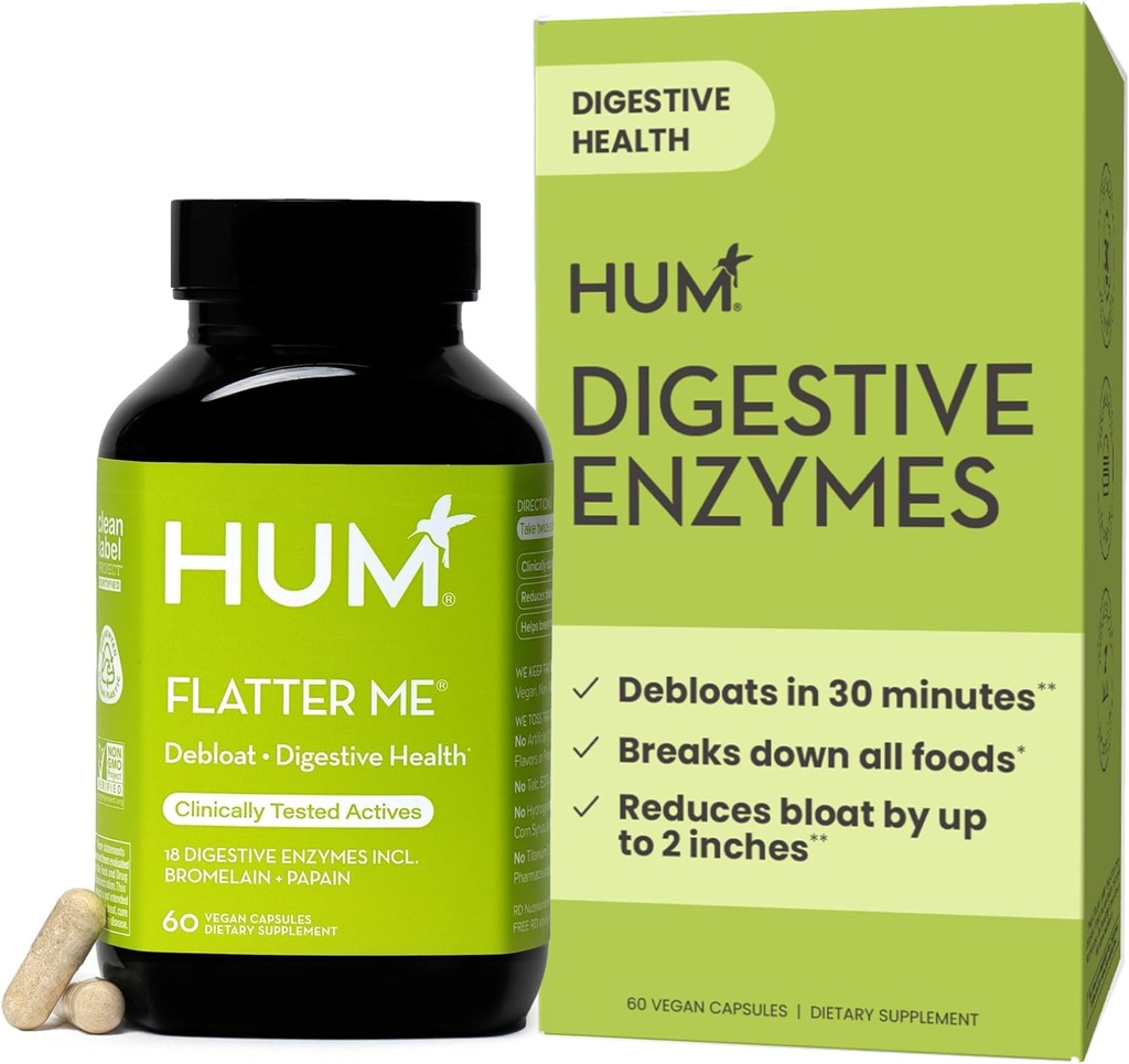HUM Fhest Me Digistive Enzymes for Women & Men, Digistive Health Bloating Addition with Ginger & Pipirmėčių lapų, Greitai veikiantis anti Bloat Pills Multi Enzyme for Debloating, Vegan, 60 kapsulės