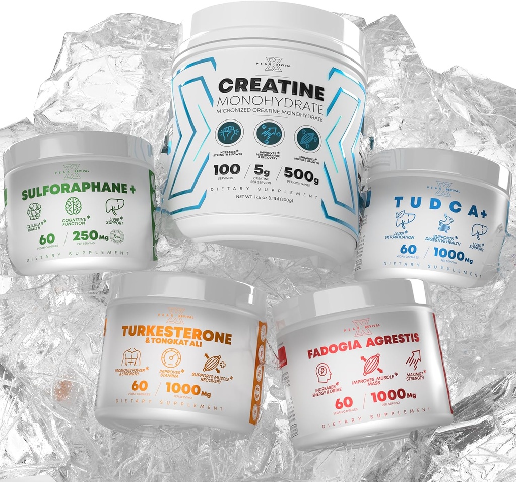 Bundle - Turkesterone & Tongkat Ali + Fadogia Agrestis + Creatine + Sulforaphane + TUDCA - Boost Stamina, Muscle Growth, Liver Health, Cognitive Function & Detox - Made in USA