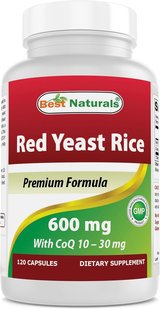 Geriausi Naturals Red Yeast Rice su CoQ10, 120 Capsules - Kardiovaskulinė Formulė Sudėtyje yra 600 mg Red Yeast Rice ans 30 mg CoQ10