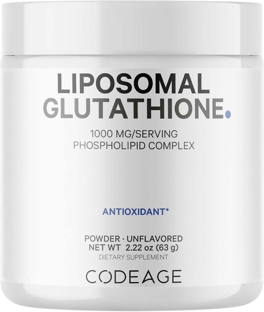 Codeage Liposominis Glutatione milteliai - 1 000 mg Vegan redukuotas L- glutationas per parą, Liposominis pristatymas - 2 mėnesių tiekimas - nearomatizuotas - fosfolipidas - GMO be gluteno - 2,22 Oz