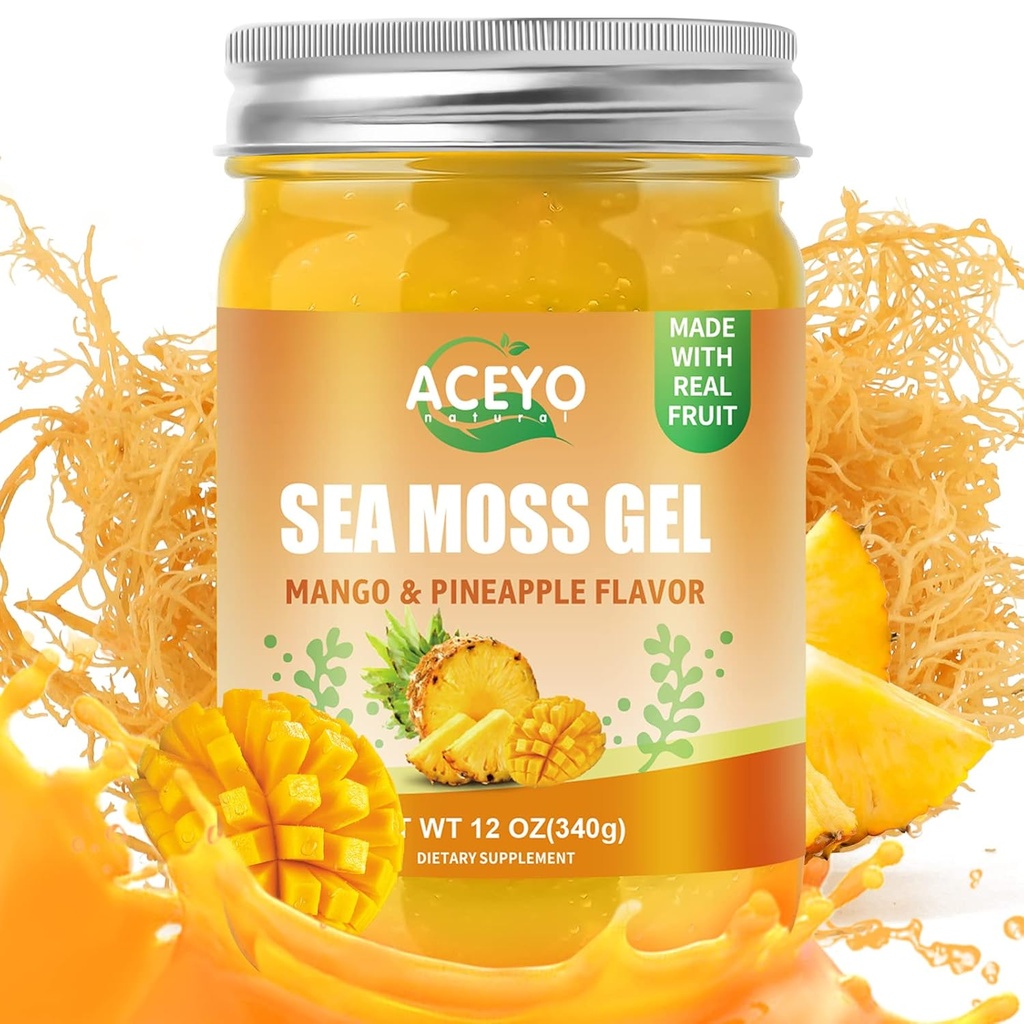 ACEYO (12 OZ) Irish Sea Moss Gel Žaliavinė Vegan Mango Pineapple flavor 102 Vitaminai ir mineralai Laukiniai prikimštas ne GMO imuninės gynybos stiprintuvas Skydliaukės Virškinimo parama
