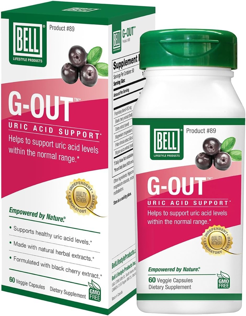 Bell G-Out Uric Acid Cleanse | Recommended for Gout - A Unique Blend of Herbal Extracts That Helps Maintain Uric Acid Levels Within The Normal Range, Uric Acid Relief, Uric Acid Flush| 60 Capsules