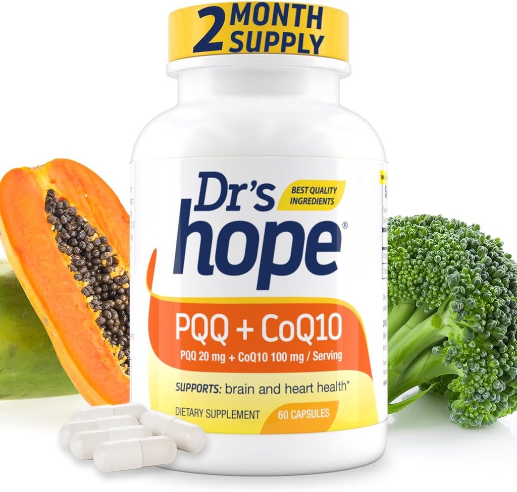 PQQ CoQ10 - PQQ 20mg su CoQ10 100mg, PQQ papildas su kofermentu Q10 papildas Palaiko smegenų sveikatą, 60 Veggie Caps - 1 kapsulė vienam servinimui