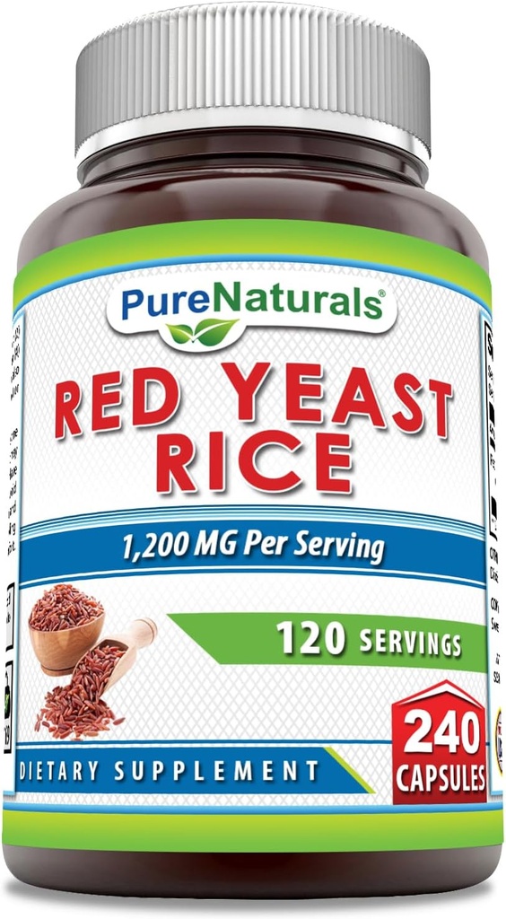 Pure Naturals Red Yeast Rice 1200 Mg per Serving, 240 Capsules Addition, Non-GMO, 124; Gluten Free, JAV