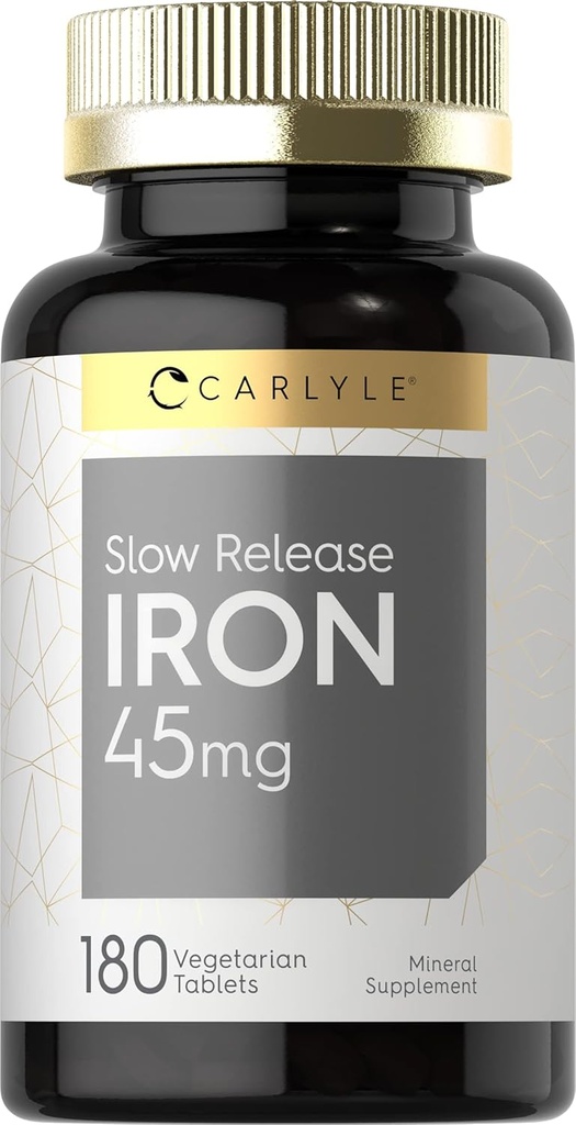 Carlyle Slow Release Iron 45 mg Ş124; 180 Tablets Bendrijoje 124; Ferrous Sulfate Mineralinis priedas ® 124; vyrams ir moterims ® 124; Vegetaras, ne GMO, ir Gluten Free Formulės