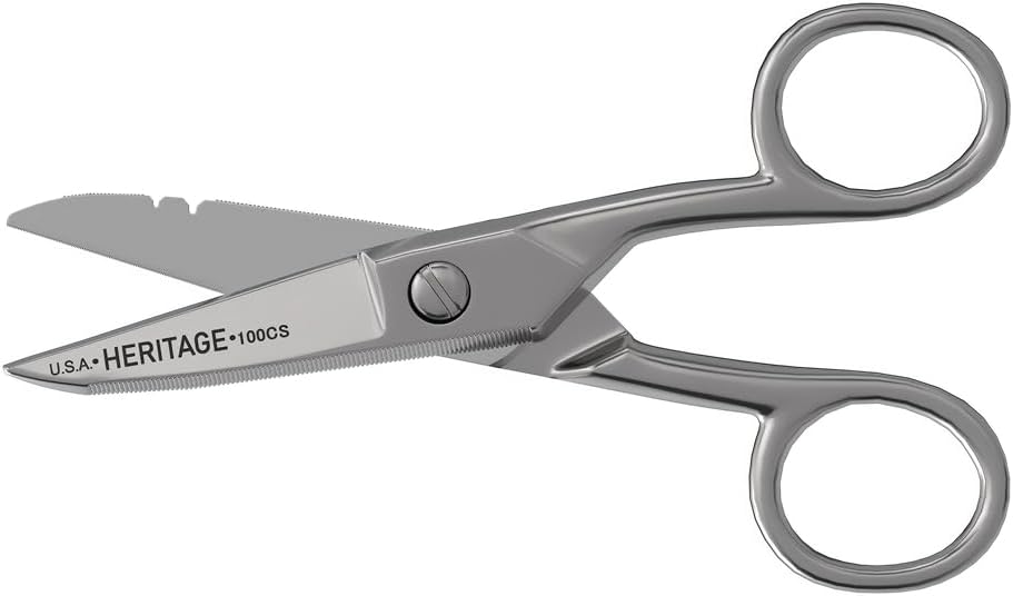 Klein Tools 100CS All-Purpose Precision Scissors, Made in USA, 5.25-Inch Nickel-Plated Snips, Blunt Tip, and Wire Stripping Notches, Multi-Purpose for Professional and Home Usage