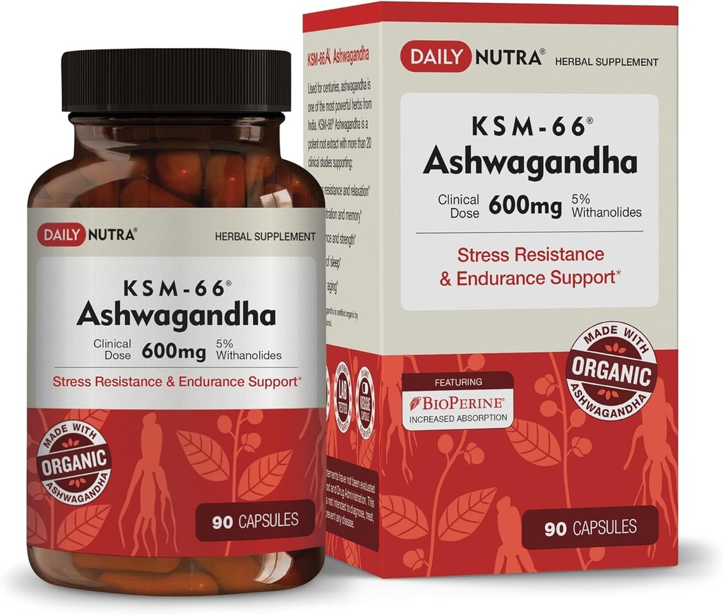 DailyNutra KSM- 66 Ashwagandha 600mg organinių šaknų ekstraktas - didelio stiprumo papildas su 5% Widanolides ® 124; atpalaiduoja Nuovargis, padeda atsipalaiduoti, fokusas, energija, ir raumenų augimą (90 kapsulės)