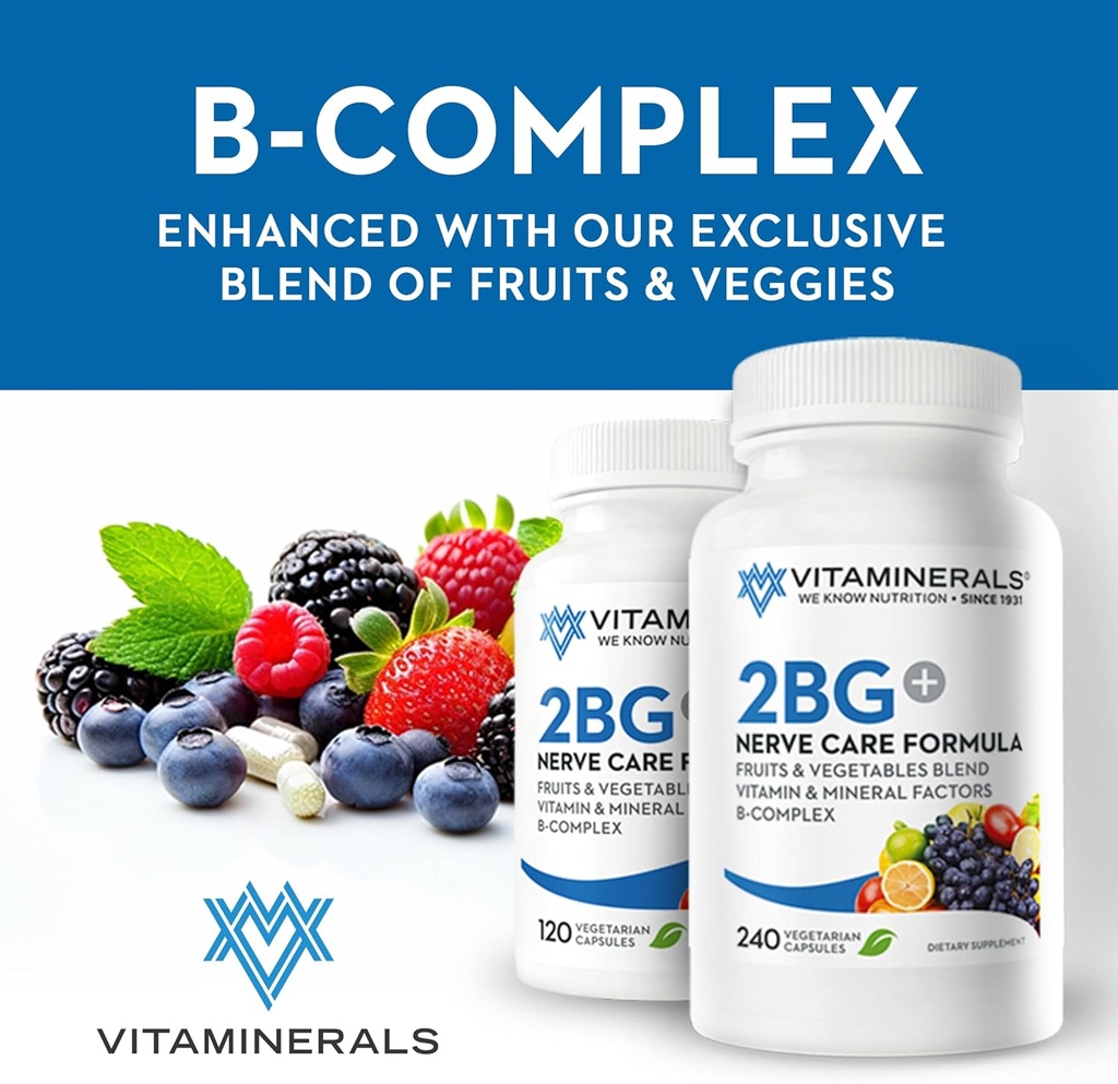 Vitaminerals 2BG+™ B Complex Immune Support High Potency B Complex | Fruits & Veggies Blend | 120 Veggie caps
