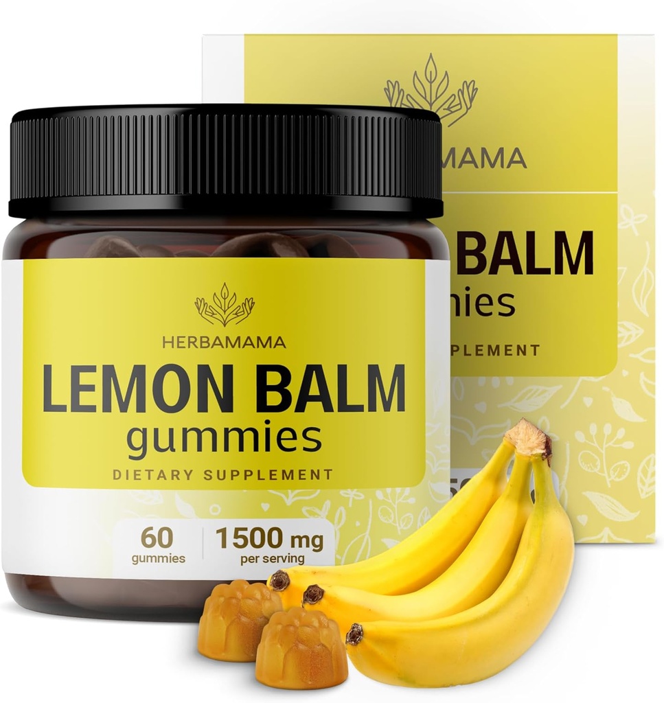 HERBAMAMA Lemon Balm Calming Gummies - 1500mg Lemon Balm Leaf for Relaxation - Vegan Non-GMO Melissa Officinalis Supplement - 60 Pectin-Based Banana-Flavored Chews