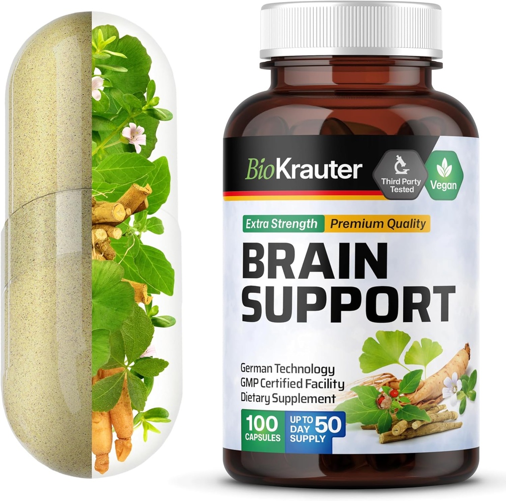 BIO KRAUTER smegenų palaikymo priedas - 100 Count - 1300 mg Blend of Ashwagandha, Panax Ginseng and Ginkgo Biloba - Vegan, No Filers