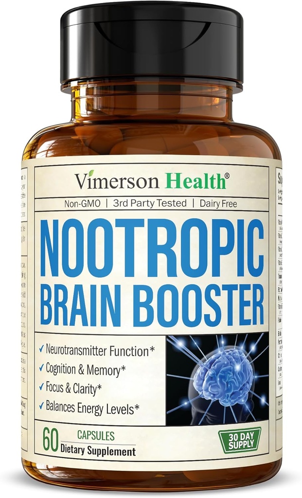 Nootropics Brain Support Supplement - Nootropic Brain Booster for Improved Focus, Concentration & Memory. Brain Nootropic for Brain Health, Mood & Energy Support. Non-GMO. Made in the USA. 60 Capsules