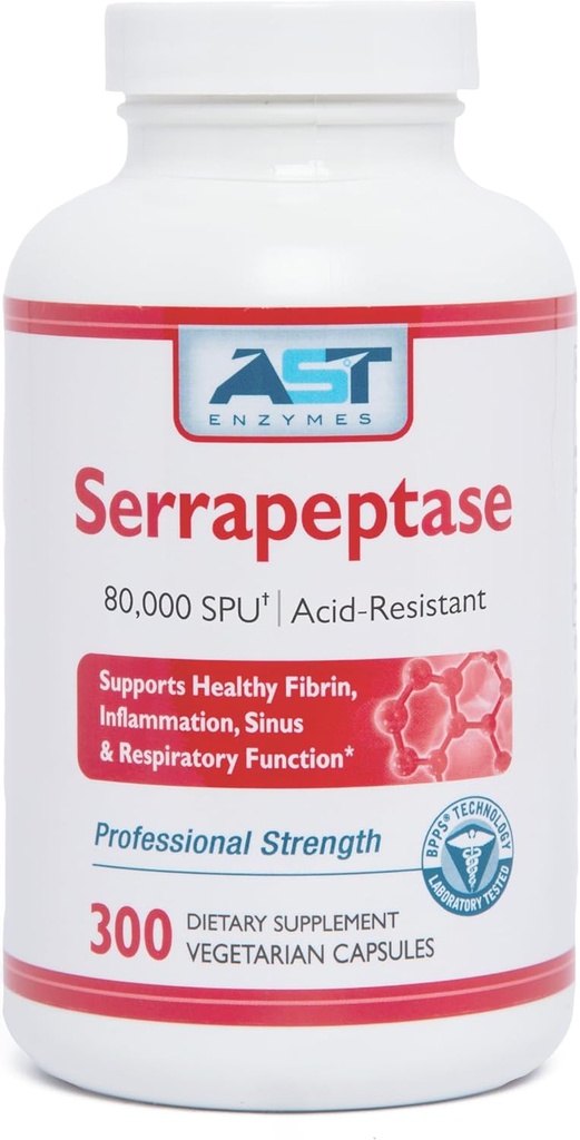 AST Enzymes Serrapeptase 80,000 SPU – 300 Vegetarian Capsules - Premium Natural Systemic Enzymes – Acid-Resistant Serrapeptase