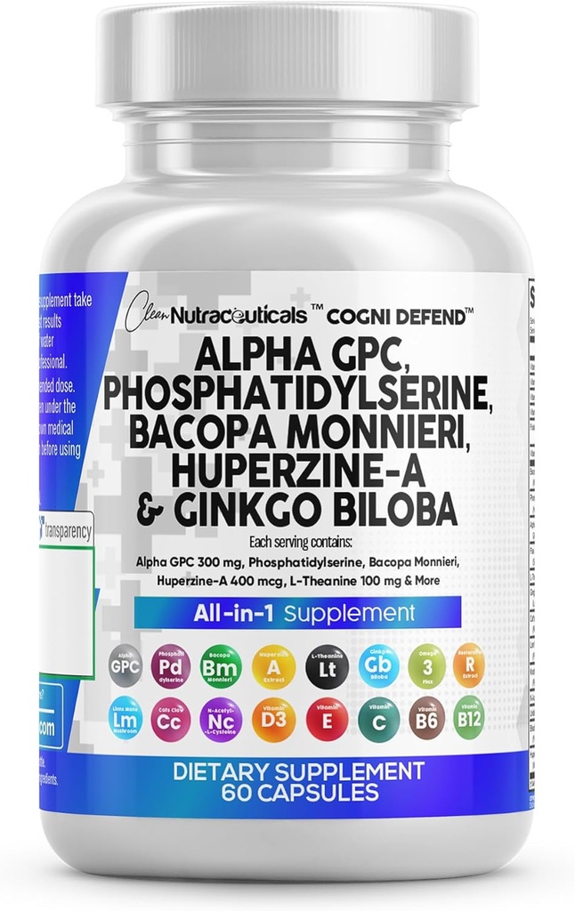 Clean Nutracuals Alpha GPC Choline Fosfatidilserine Bacopa Monnieri Ginkgo Biloba Huperzine A priedas su Urdine Lions Mane Cats Claw NAC Vitaminas C B D E