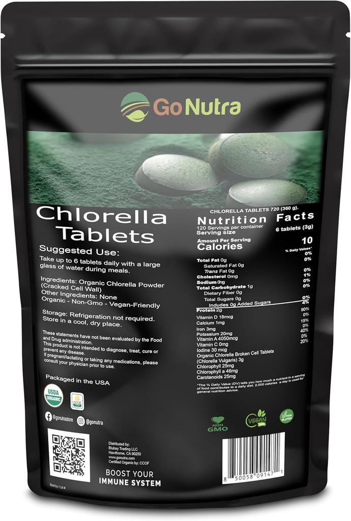 Organinės Chlorella tabletės Broken Cell, 3000mg per Serving, 1000 tablečių - Superfood Rich in Minerals, Vitaminai, Chlorofilas, Amino rūgštys, riebalų rūgštys, Pluoštas ir baltymai, Non- GMO & Vegan Friendly