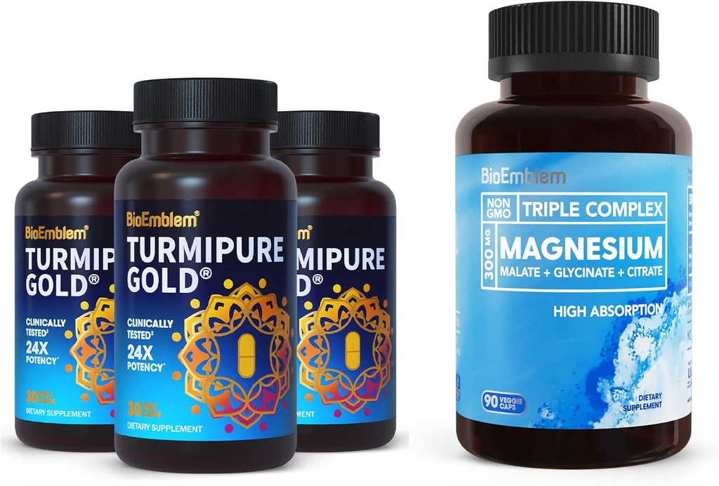 BioEmblem Triple Magnesium Complex and BioEmblem Turmeric Curcumin with Clinically Studied TurmiPure - Joint Support, Healthy Inflammation Turmeric Supplements