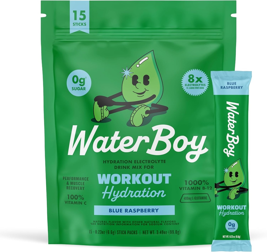 Waterboy Workout Hydration | 2,960mg Sugar Free Electrolyte Powder Packets | L-Glutamine + Vitamins | No Sugar, All Natural, Gluten Free | 15 Drink Stick Mixes (Blue Raspberry)