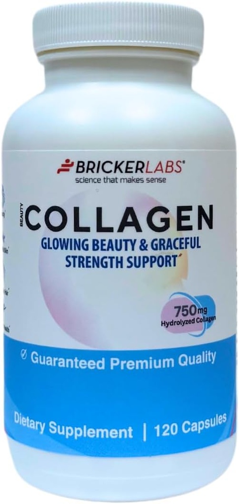 Bricker Labs Collagen vyrams ir moterims - Type I, III Hydrolized Collagen Addition 750mg, 1 Collagen Kapsulė Dienos - 120 Paslaugos