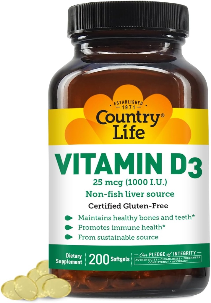 Country Life Vitaminas D3 1000 TV Minkšti geliai, didelis, 200 sg, 200 Count