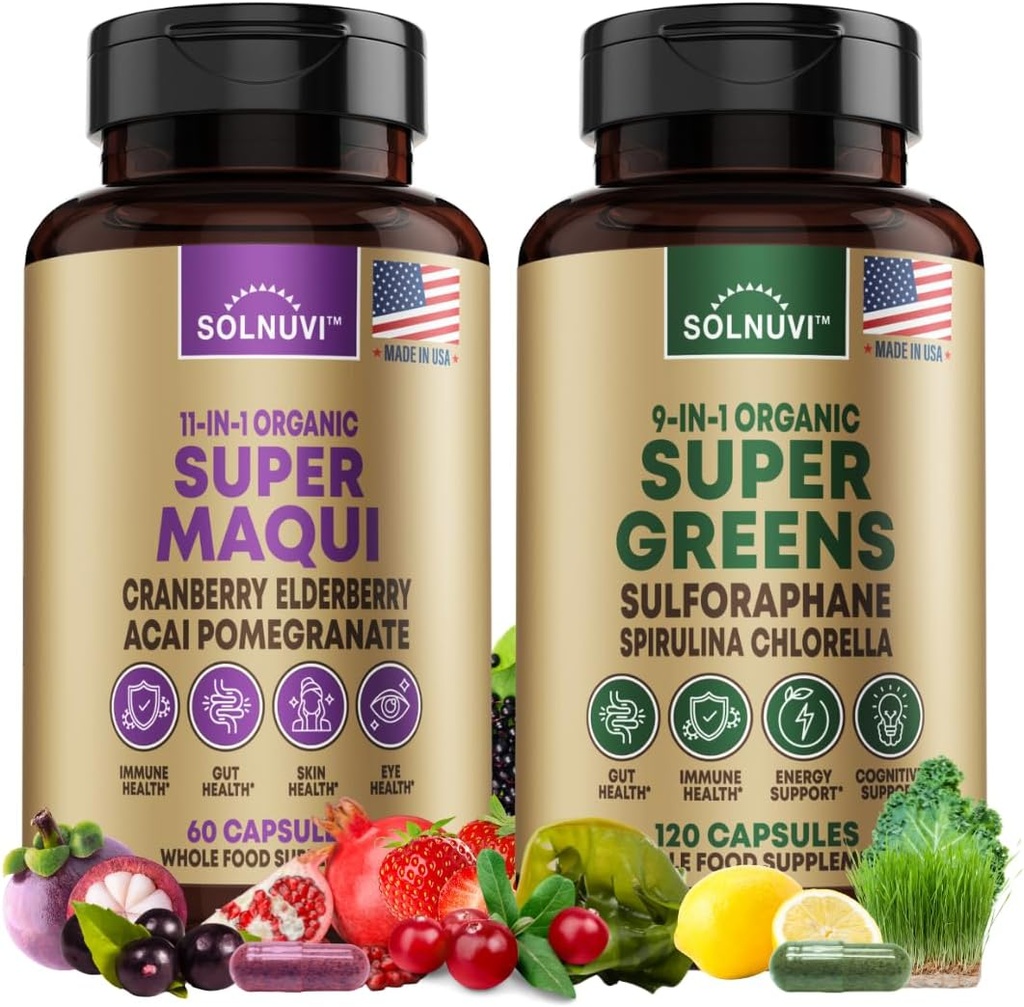 Visi viename Superfood Bundle - Super Maqui Berry & Super Žalieji - Gut Health, Immune, oda, sveikatingumo parama - Ne GMO, Gluten Free, Vegan papildai