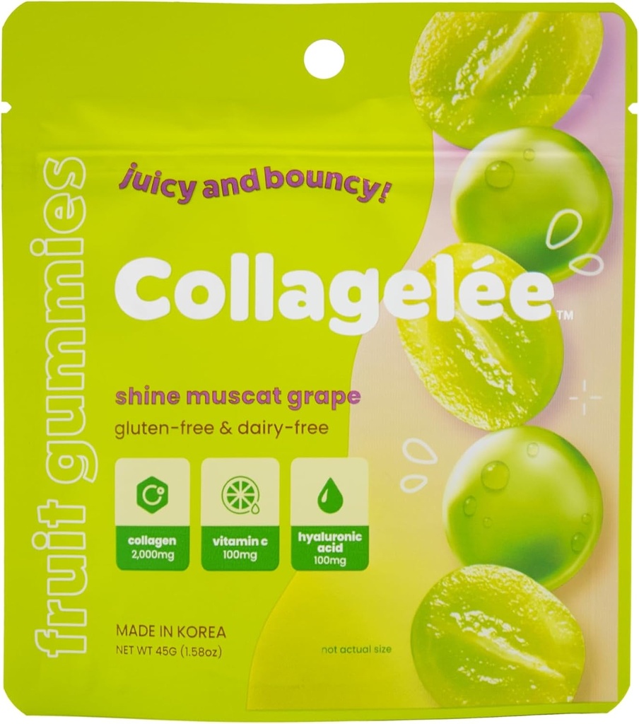 Collagee Collagen Gummies - Jūrų kolageno saldainiai su vitaminu C, hialurono rūgštis, & Biotinas Moisturized, jaunatviškas, Plup Skin - Korėjos kolageno užkandžiai (Shine Muscat Vynuogės)