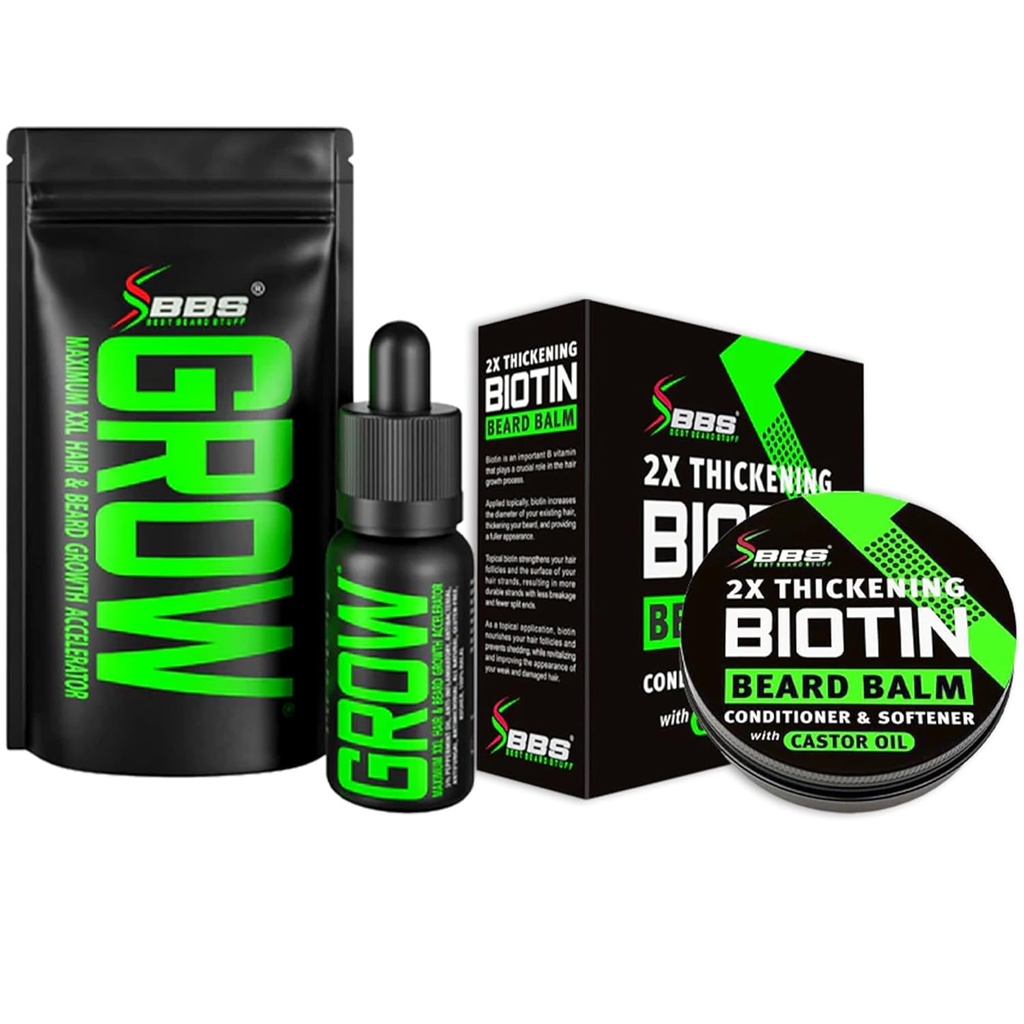 Barzdos augimo rinkinys w / GROW XXL barzdos aliejus / Veido plaukų augimo serumas vyrams + 2X tirštas biotinas Mustache Wax & Balm vyrams - Kondicionierius ir minkštiklis - Suformuluota Amerikoje