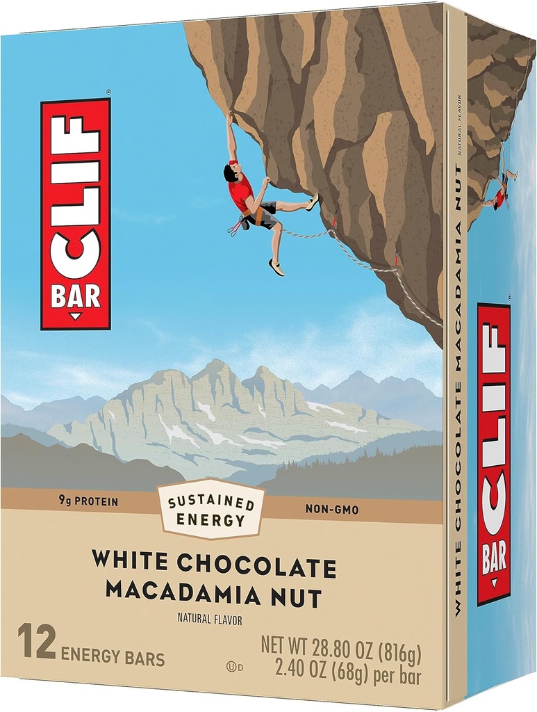 CLIF BAR - Baltas šokoladas Makadamijos riešutų skonio - Pagaminta su organinėmis alyvuogėmis - Ne GMO - Augalų pagrindu - Energijos barai - 2.4 oz. (12 pack)
