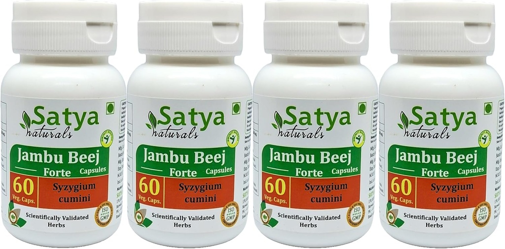Jambu Beej Forte Capsules 500 mg. 60 Veg. Capsule | Jamun beej (Syzygium Cumini) Extract Capsules for Men and women | Ayurvedic Herbal Supplement/Remedies | 10:1 Forte (4 Bottles of 60 Capsules)