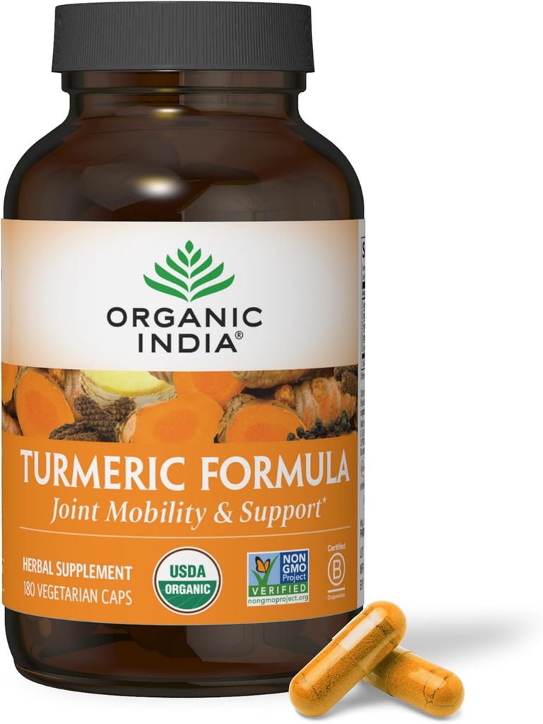 Organic India Curmeric Curcumin with Black Pepper - Organic Curmeric Addition and Curcumin Addition, Termeric Capsules, Jungtinė parama ir imuninės sistemos parama, visa šaknis, Trikatu - 180 Capsules