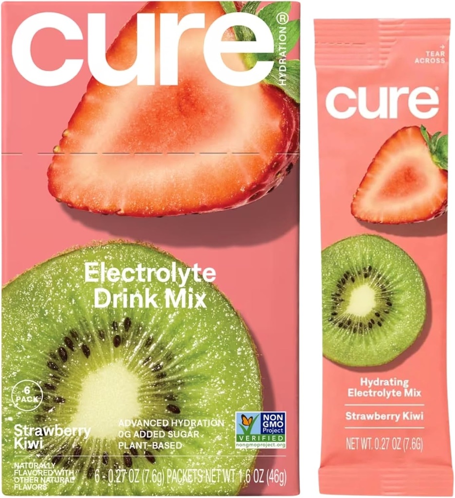 Cure Hydration ® 124; Plant-based Electrolyte Drink Mix ® 124; No Added Sugar ® 124; Dehidratacija Lengvoji pudra Pagaminta su kokoso vandeniu ® 124; Non-GMO ® 124; Vegan ® 124; Box of 8 Pacets - braškių Kiwi
