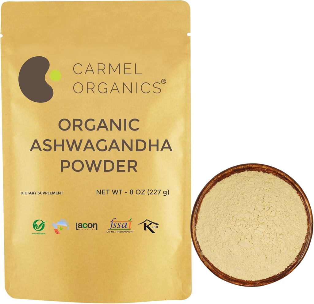 CARMEL ORGANICS Organic Ashwagandha šaknies milteliai (8 Oz arba 227g / 0,5 Lbs) USDA Sertifikuotas. Lab Tised, Non GMO & Gluten Free SmithKline 124; Withania Somnifera iš Indijos