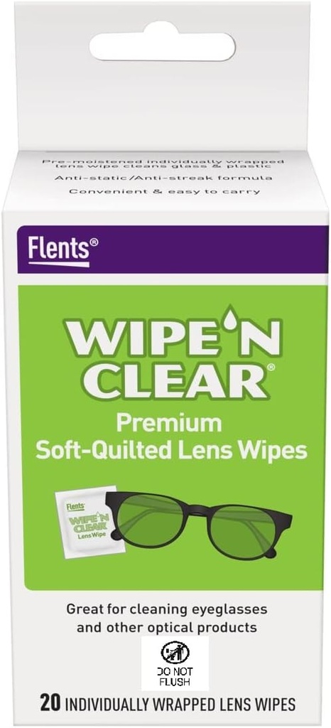 Flents Lens Wipes, Wipe 'N Clear, 20 Count, Pre-Moistened, Streak-Free, Safe for Glasses, Anti-Fog, Gentle Cleaning, Clear Vision, Individually Wrapped for Travel & Convenience, Made in the USA