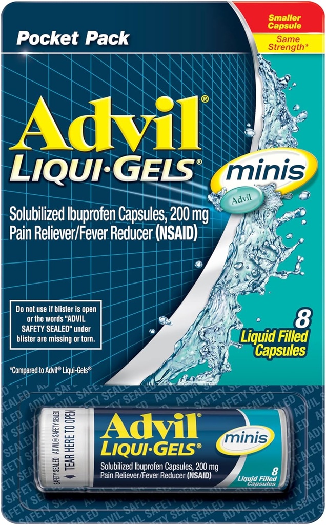 Advil Liqui- Gelis skausmas palengvėjimas ir karščiavimas Reduktorius, Skausmas Medicina suaugusiems su Ibuprofenas 200 mg skausmo malšinimui - 8 skystos kapsulės