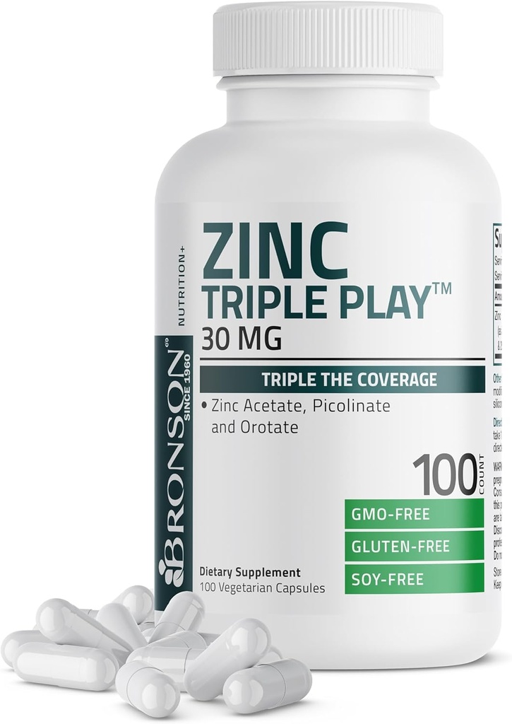 Bronson Cinko triple Play 30 mg Triple Coverage Immune Support with Cinko Acetate, Picolinate & Orow - Immune, Antioksidantas & Odos sveikatos parama - 100 Vegetariškų kapsulių