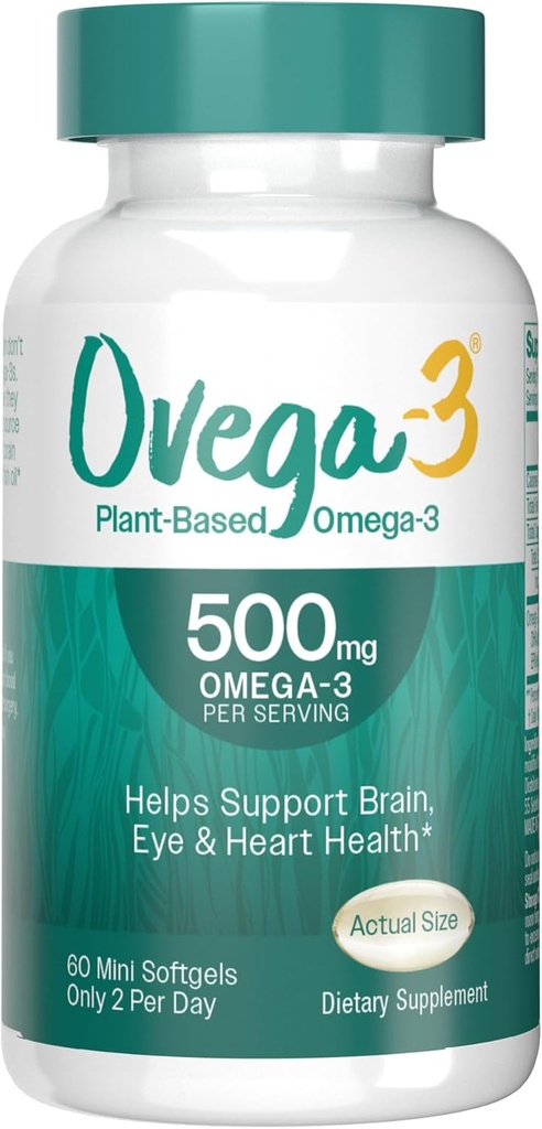 OVEGA-3 Plant-based Omega-3 iš Algal Oil Daily Addition, 500mg, Palaiko smegenų, Akių ir širdies sveikatos, Du mini softgels per dieną, 60 Count