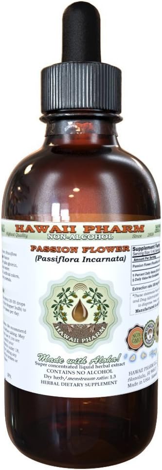 Passion Flower Alcohol-Free Liquid Extract, Organic Passion Flower (Passiflora Incarnata) Dried Herb Glycerite Natural Herbal Supplement, Hawaii Pharm, USA 4 fl.oz