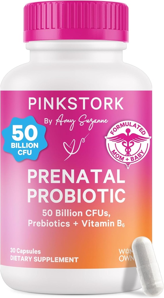 Rožinė Stork Prenatal Probiotikai moterims - 50 Billion KSV, Vitaminas B6, Prebiotikai, Ryto liga, Gut Microbiome, Nėštumas Probiotikas, Imuninė parama, Nėštumas turi Haves - 30 Kapsules