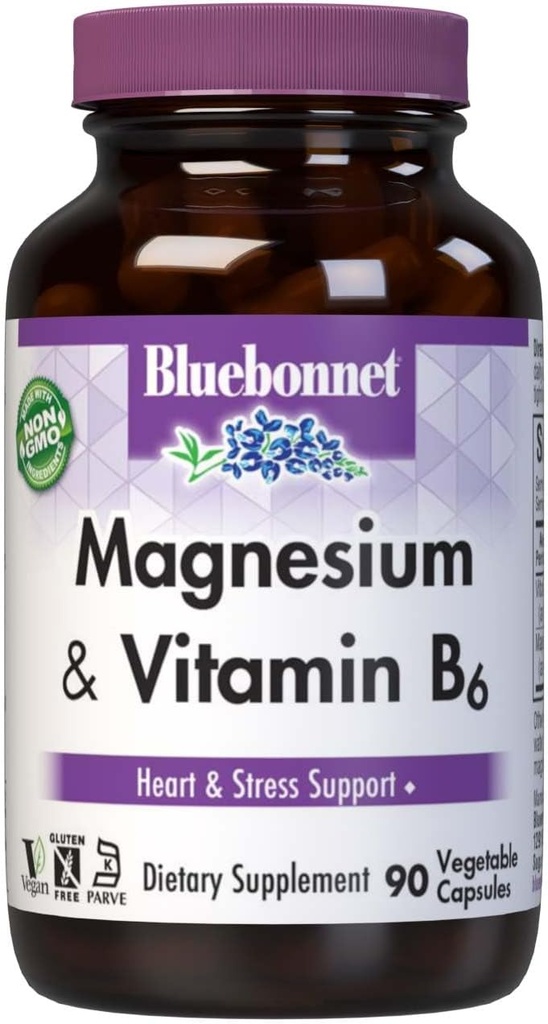 Bluebonnet mityba Magnis & B6 - 400 mg Magnio oksidas ir aspartatas su vitaminu B6 25 mg - Širdies ir smegenų magnio kompleksas moterims ir vyrams * - Ne GMO, Veganas, Glutenas - 90 Daržovių kapsulės