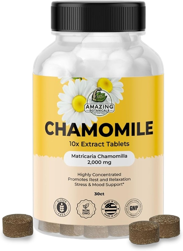 Nuostabus Botanicals Organic Chamomile Extract Tablets - Matricaria Chamomila Plant-Based Addition - 10x Extract 2000 MG Each - Promotes Relaxation - 30 Tablets