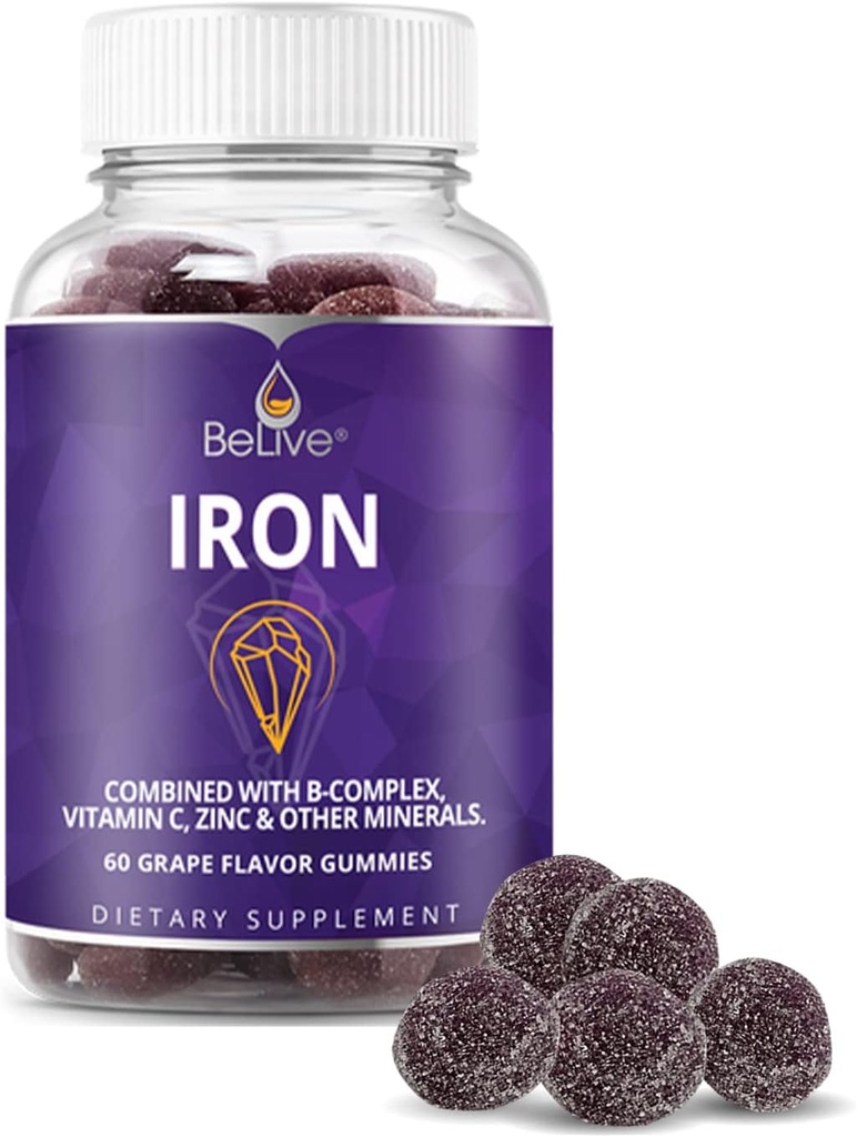 BeLive Iron Gummies - Multivitaminų papildas su vitaminu C, A, B & Cinkas, Palaiko kraujo deguonis, Vegano geležies papildai moterims, vyrams ir vaikams augimo ir plėtros - Vynuogių aromatas maždaug 124; 1- Pack